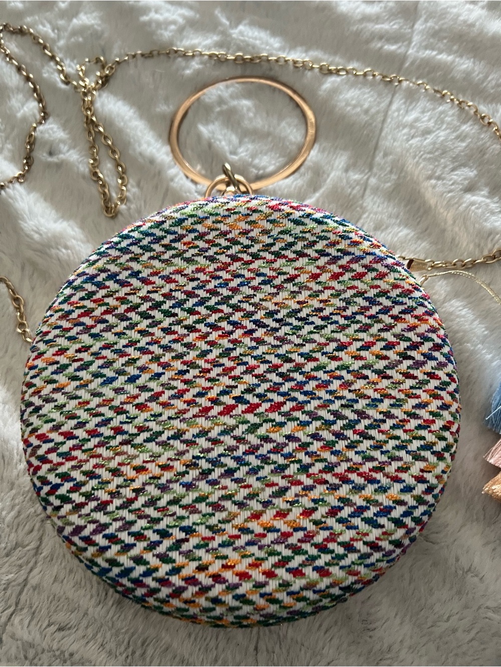 Round Multicolor Woven Crossbody Bag with Gold Ring Handle